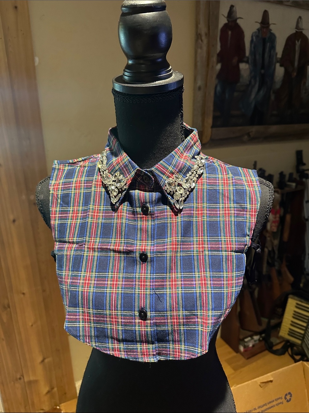 Embellished Plaid Detachable Shirt Collar